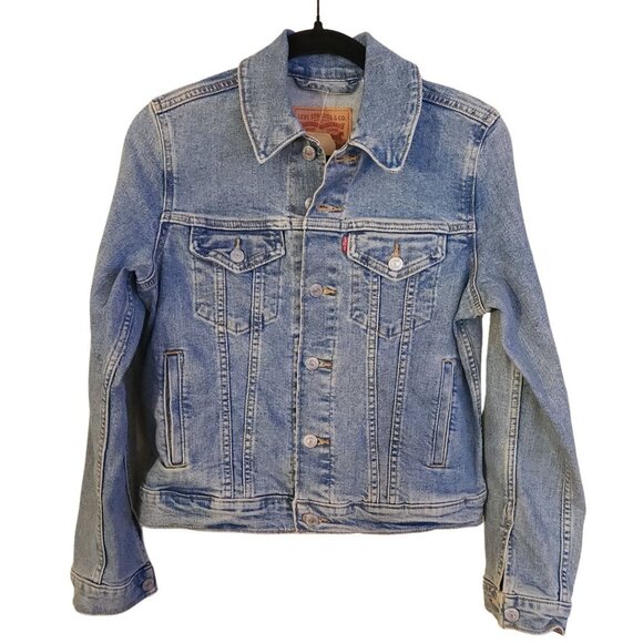 Levi's Denim Trucker Jacket Womens Sz S Blue Jean Coat Button Distressed Wash - Picture 1 of 7